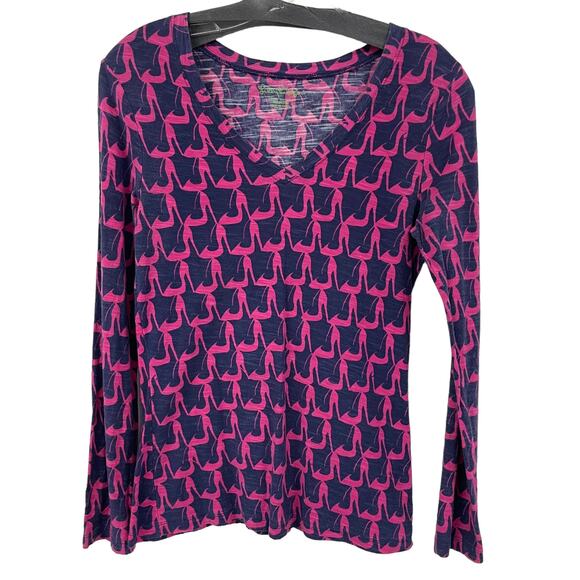 Lilly Pulitzer Navy Pink Shoe Print V Neck Long Sleeve T Shirt Medium ASIS - Picture 1 of 6